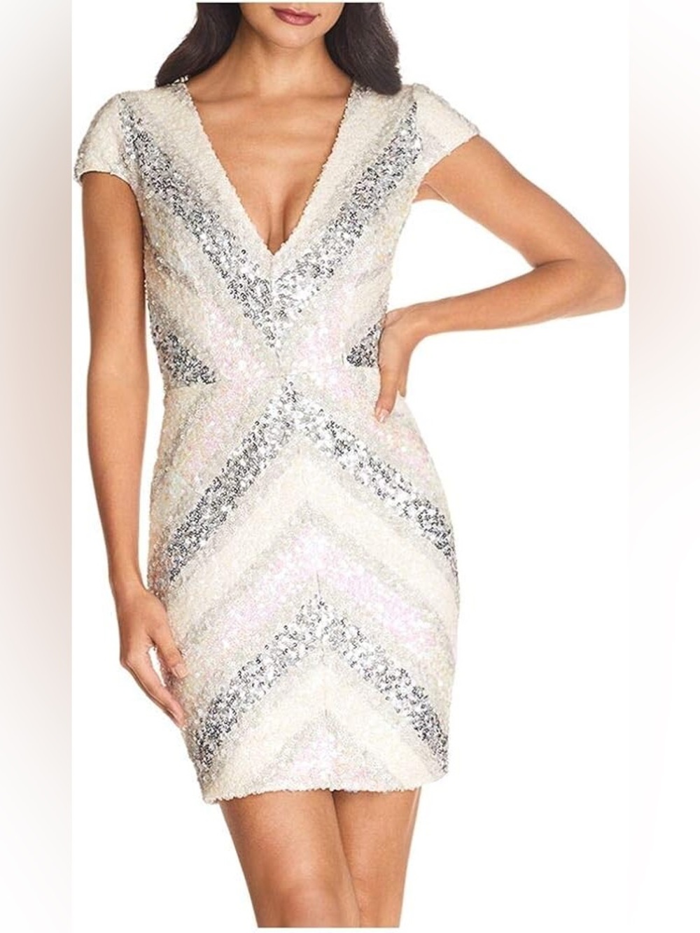 Dress The Population Women's Zoe Cap Sleeve Plunging Sequin Mini Dress